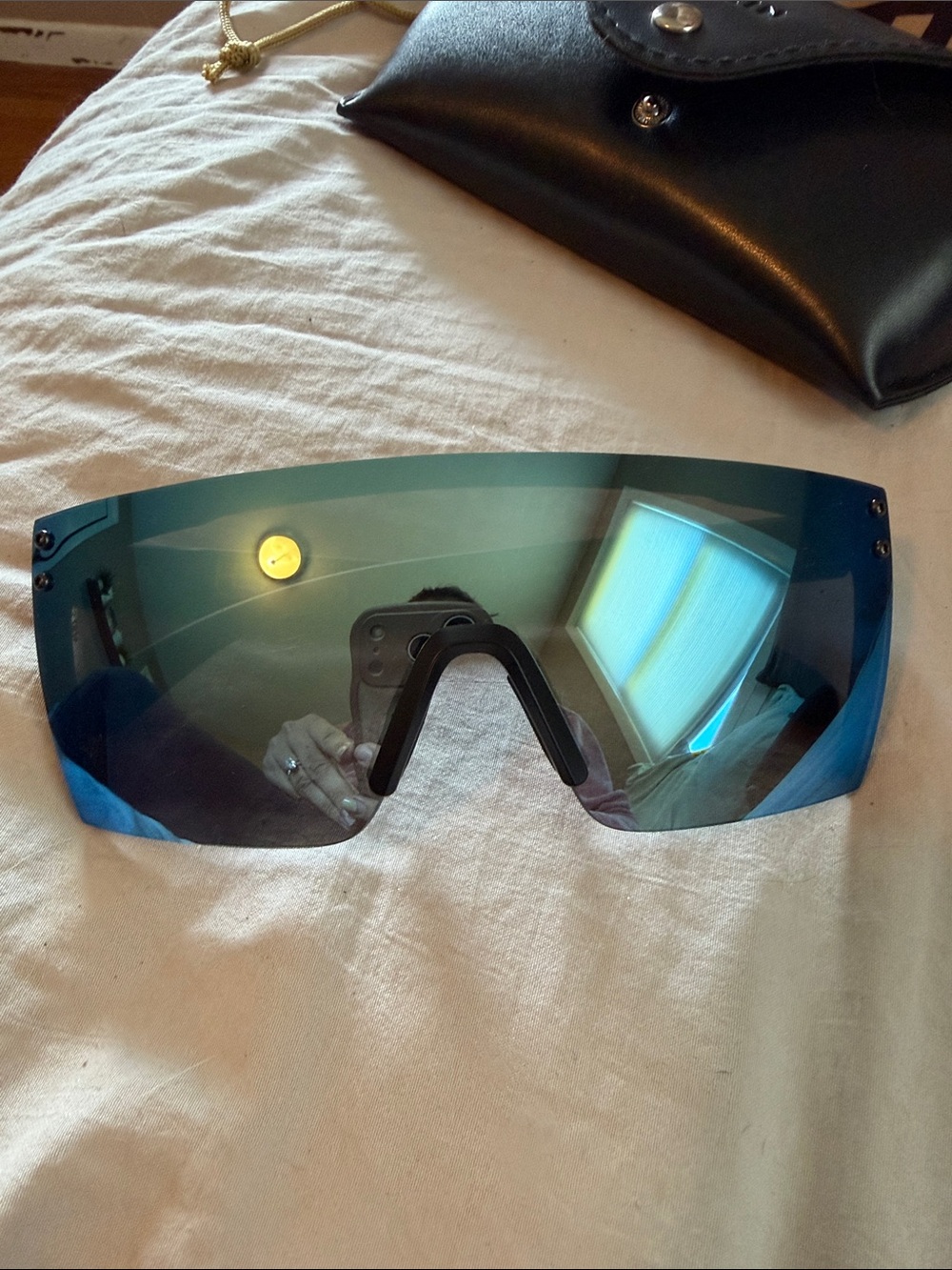 Blue Mirrored Shield Sunglasses with Nose Bridge - Unbranded